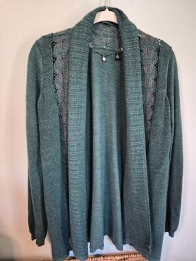 Anthropologie Teal Open-Front Lace-Panel Cardigan